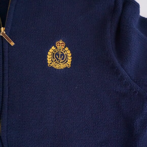 Vintage Ralph Lauren Navy Zip Cotton Sweater Preppy Collegiate Crest Knit L - Picture 7 of 8